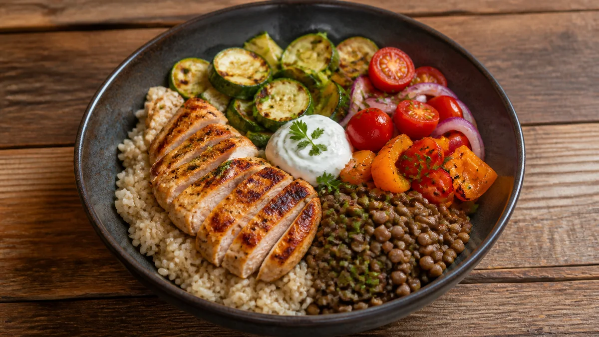 Bowl de frango, arroz e lentilha